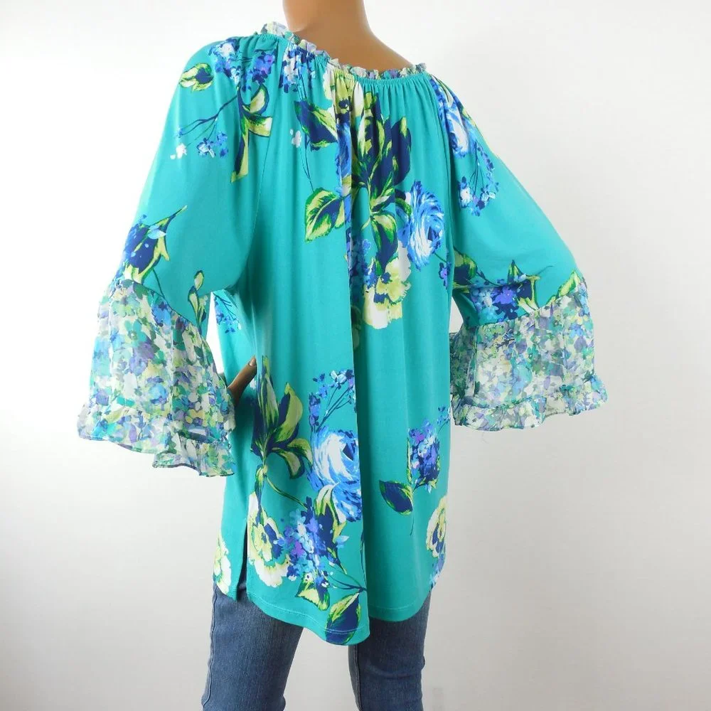 SUSAN GRAVER Top 1X Floral Blouse Stretch Green/Blue Print Chiffon Flared Sleeve - Picture 9 of 13
